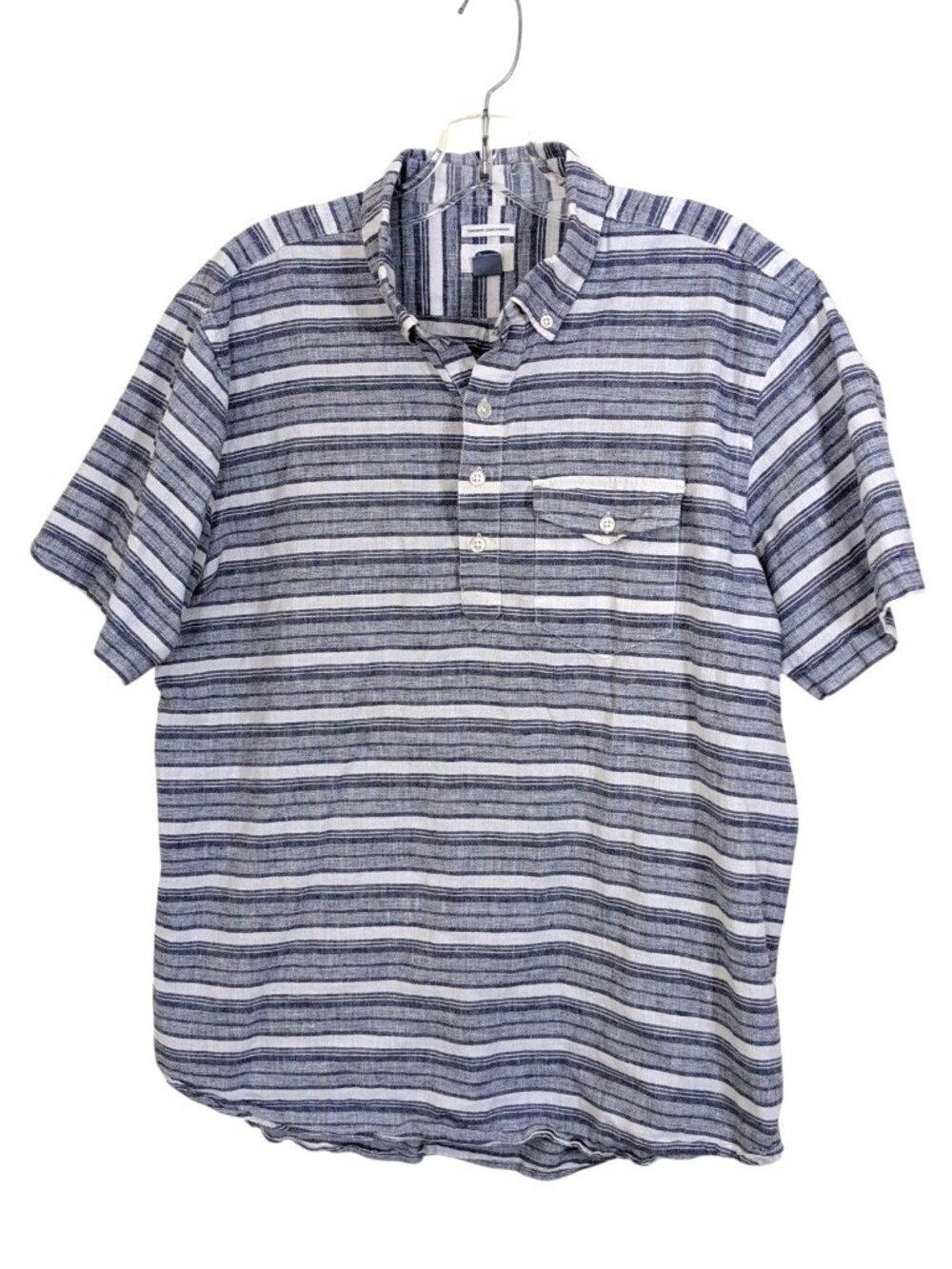Old Navy Linen Blend Polo Shirt Mens L Blue Striped Short Sleeve Lost At Sea